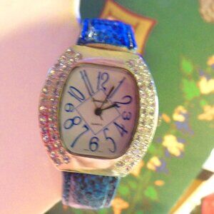 STAINLESS STEEL and CRYSTAL CHIP LADIES BLUE TOGGLE WATCH